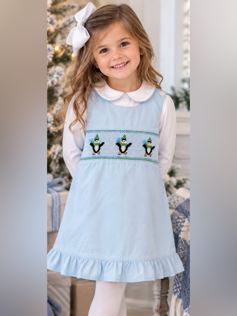 Smockadot Kids Girls 4T Blue Smocked Penguin Winter Dress